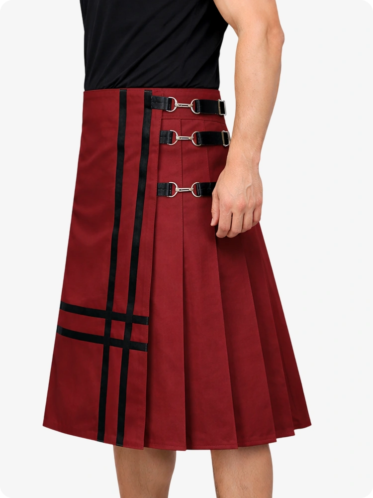 Burgundy skirt with black straps and buckles on a white background