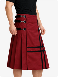 Burgundy skirt with black straps worn by a person on a white background