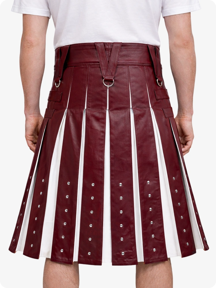 Burgundy leather skirt with white stripes and silver buttons on a white background