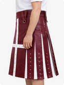 Burgundy leather kilt with white accents on a plain background