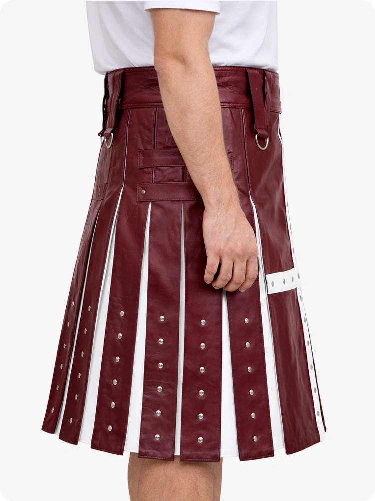 Burgundy Leather Utility Kilt with White Cross Panel & Metal Rivet Detailing