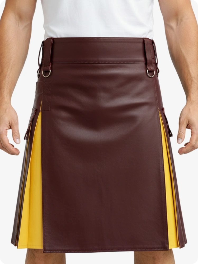 Kilt in pelle bordeaux e giallo con tasche cargo