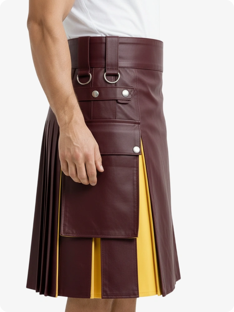 Kilt in pelle bordeaux e giallo con tasche cargo