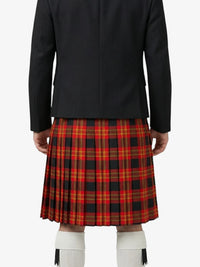 Person wearing a black jacket and red plaid kilt on a white background