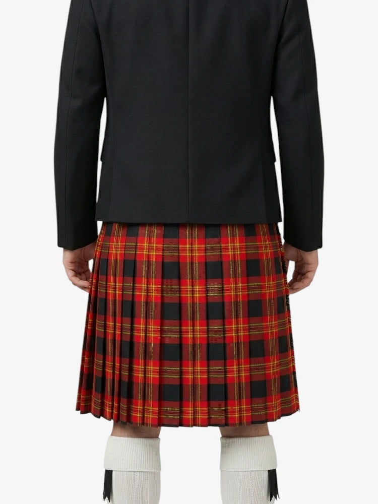 Person wearing a black jacket and red plaid kilt on a white background