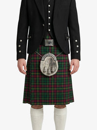 Person wearing a traditional Scottish kilt with a tartan pattern on a white background