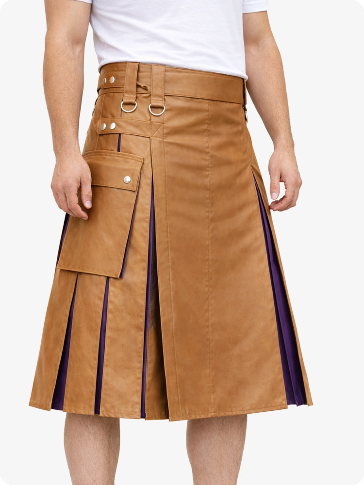 Camel Leather Utility Kilt with Purple Pleats, Side Pockets & D-Ring Hardware