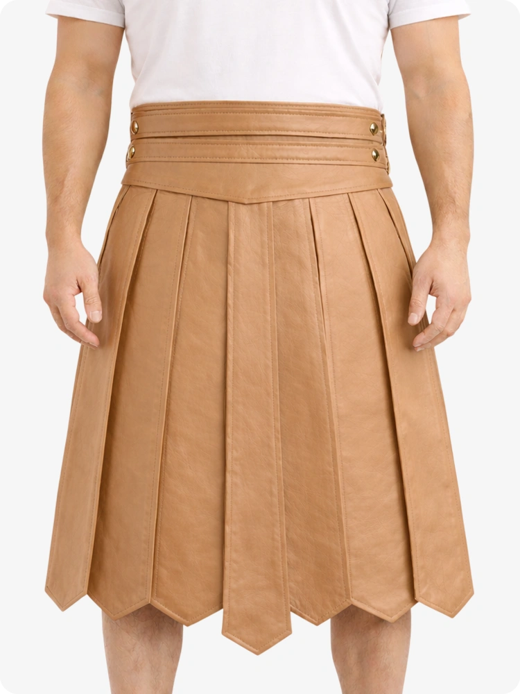 Camel Leather Highland Kilt Adjustable Buckle Waist & Classic Pleats