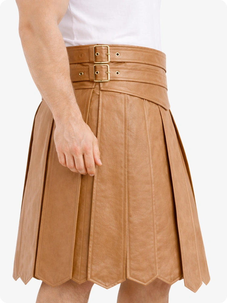Camel Leather Highland Kilt Adjustable Buckle Waist & Classic Pleats