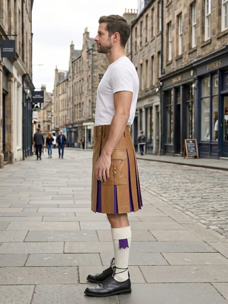 Camel Leather Kilt With Purple Pleats Left Side