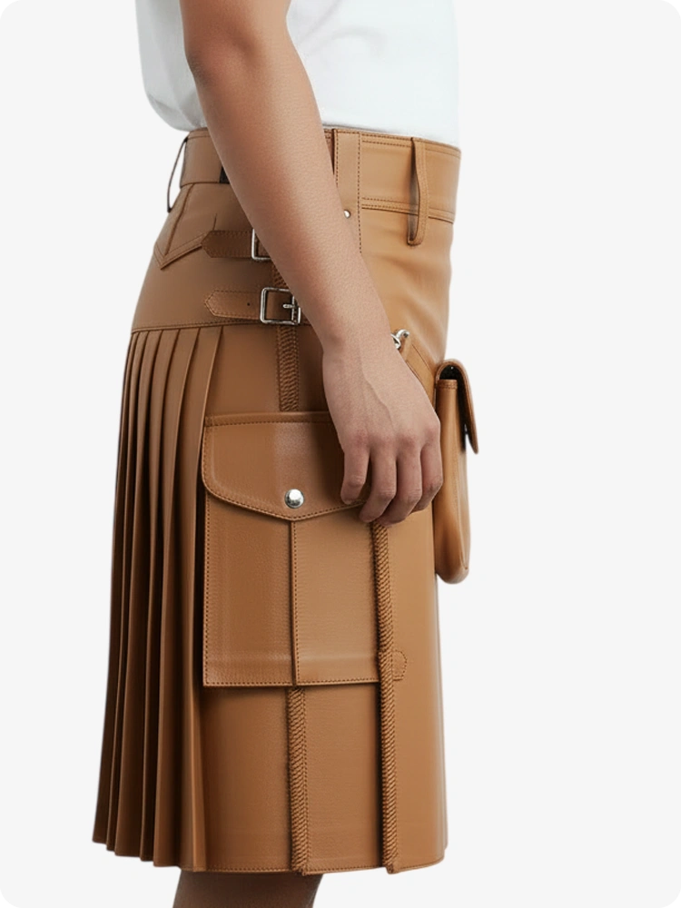 Kilt in pelle pieghettato camel con passanti cintura e cinghie laterali