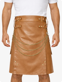 Camel Leather Utility Kilt with Chain Detailing & Adjustable Straps