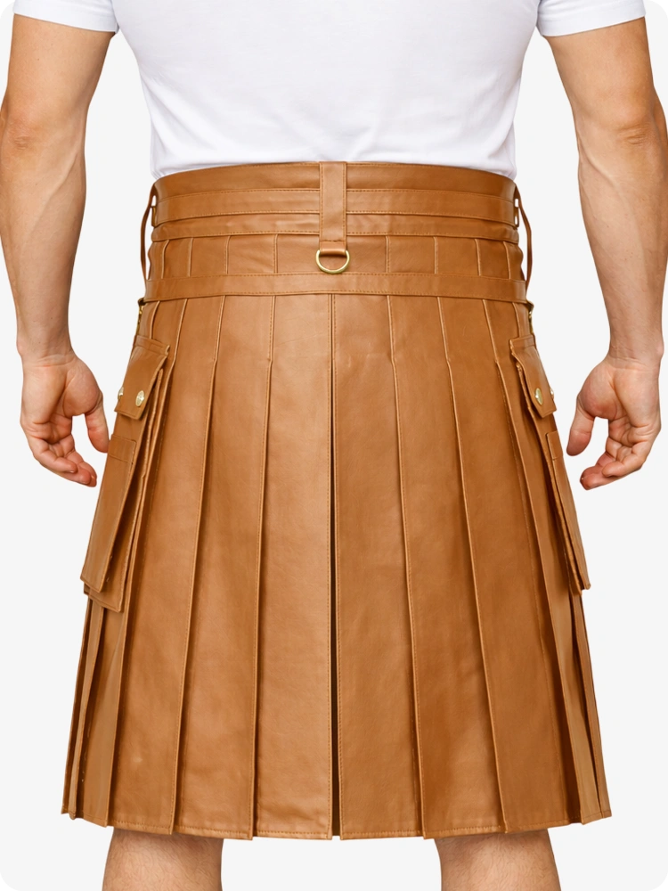 Camel Leather Utility Kilt with Chain Detailing & Adjustable Straps