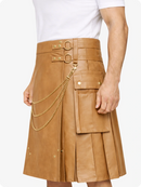 Camel Leather Utility Kilt with Chain Detailing & Adjustable Straps