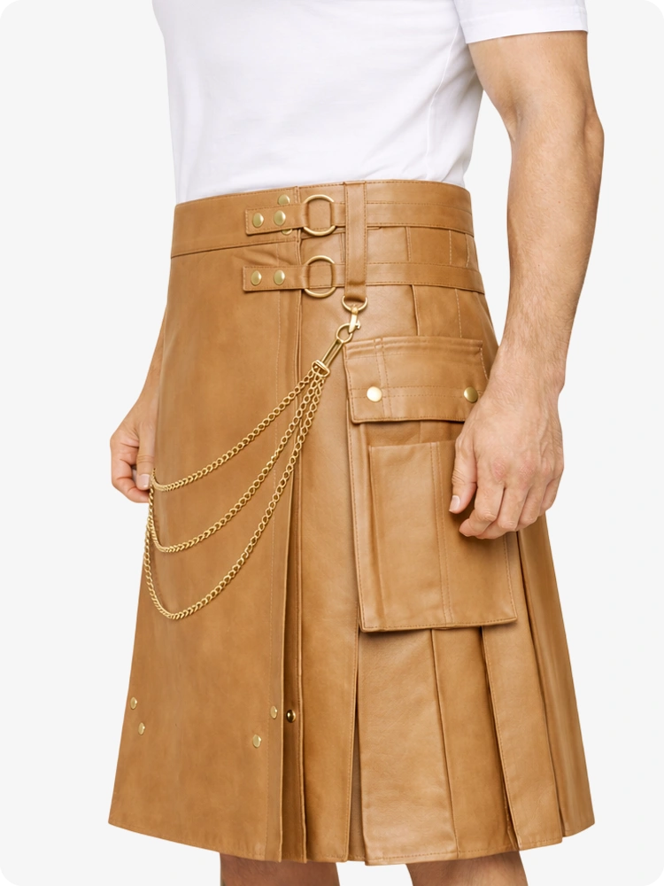 Camel Leather Utility Kilt with Chain Detailing & Adjustable Straps