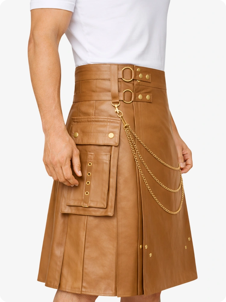 Camel Leather Utility Kilt with Chain Detailing & Adjustable Straps