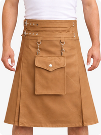 Camel kilt with visible stitching details on a white background