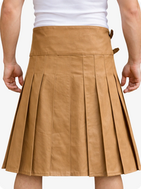 Camel pleated skirt worn by a person on a white background