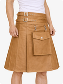 Camel leather skirt with belt and pockets on a white background
