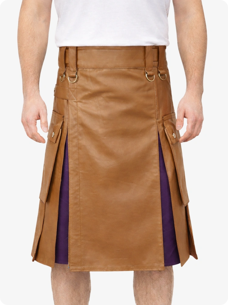 Camel Leather Utility Kilt with Purple Pleats, Side Pockets & D-Ring Hardware