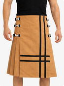 Camel kilt with black accents worn by a person on a white background