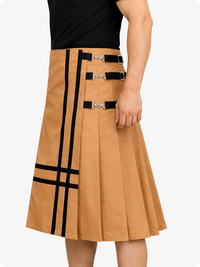 Camel skirt with black straps and buckles on a white background