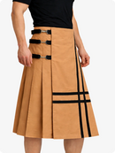Camel skirt with black straps and plaid design worn by a person on a white background