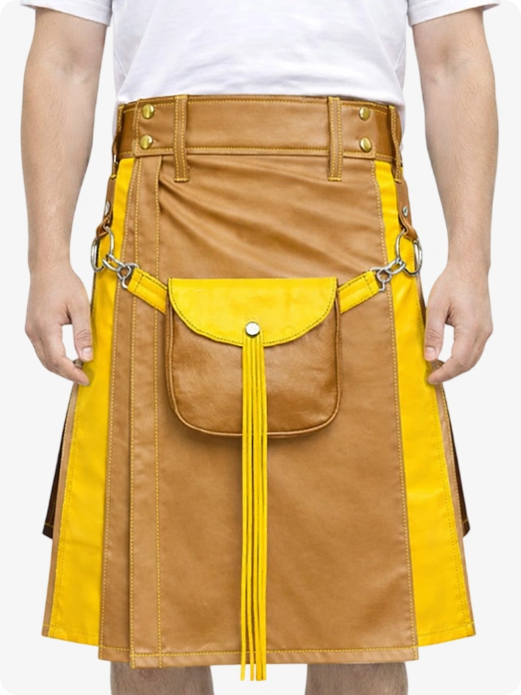 Camel Leather Utility Kilt with Yellow Accents & Detachable Pockets