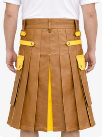 Camel pleated skirt with yellow accents worn by a person on a white background