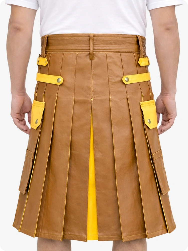 Camel pleated skirt with yellow accents worn by a person on a white background