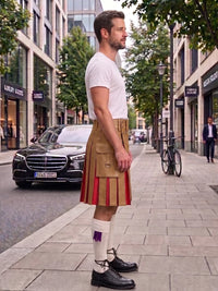 A man standing on a city sidewalk wearing a tan pleated kilt with red and purple accents, a white t-shirt, and black shoes, with a street scene in the background.