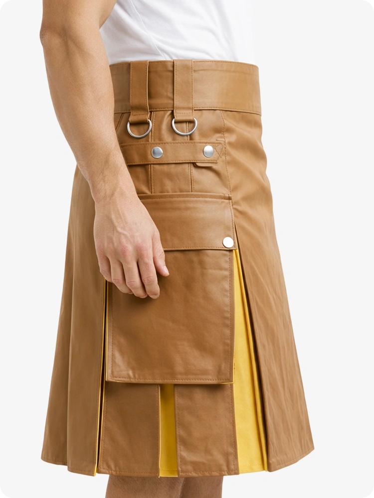 Kilt in pelle cammello e giallo con tasche cargo