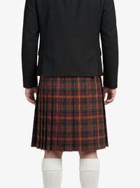 Person wearing a black jacket and red plaid kilt on a white background