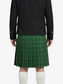 Person wearing a black jacket and green plaid kilt on a white background