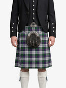 Person wearing a traditional Scottish kilt with a sporran on a white background