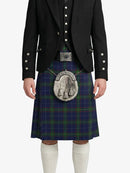 Person wearing a traditional Scottish kilt with a jacket on a white background