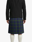 Person wearing a black jacket and blue plaid kilt on a white background