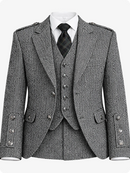 Gray herringbone suit with jacket, waistcoat, and tie on a white background