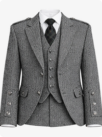 Gray herringbone suit with jacket, waistcoat, and tie on a white background