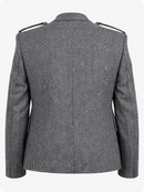 Gray herringbone patterned blazer on a white background