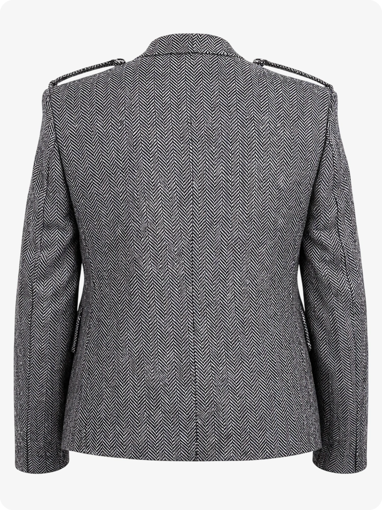 Gray herringbone patterned blazer on a white background