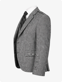 Gray herringbone patterned blazer on a white background