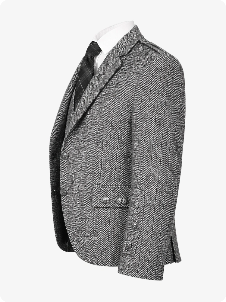 Gray herringbone patterned blazer on a white background