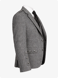 Gray herringbone blazer on a mannequin with a white background