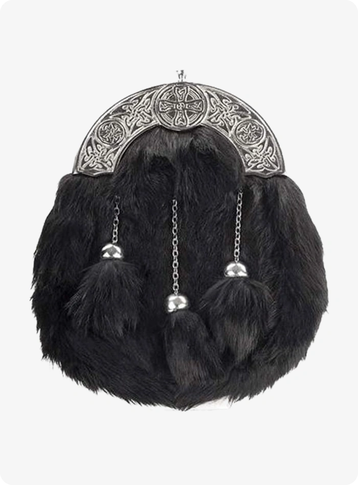 Celtic Cross Black Rabbit Fur Sporran
