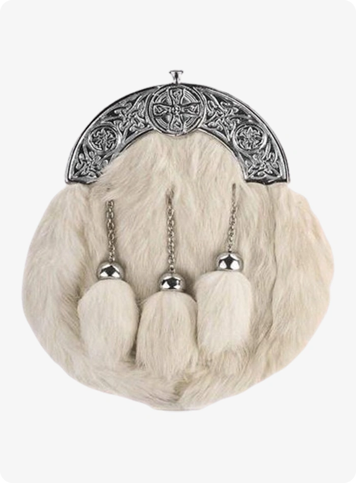 Celtic Cross Full Dress Chrome White Rabbit Fur Sporran