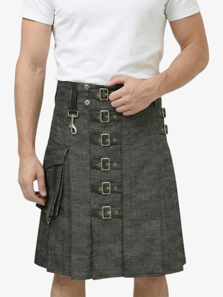Gonna Scozzese in Denim Antracite con Fibbia Regolabile