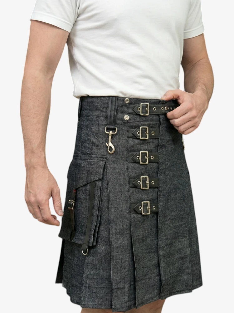 Gonna Scozzese in Denim Antracite con Fibbia Regolabile