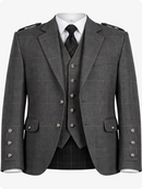 Gray tweed suit with jacket, waistcoat, and kilt on a white background