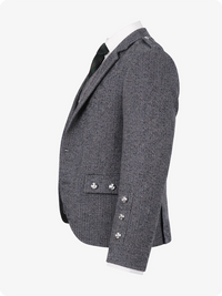 Charcoal blazer with button details on a white background